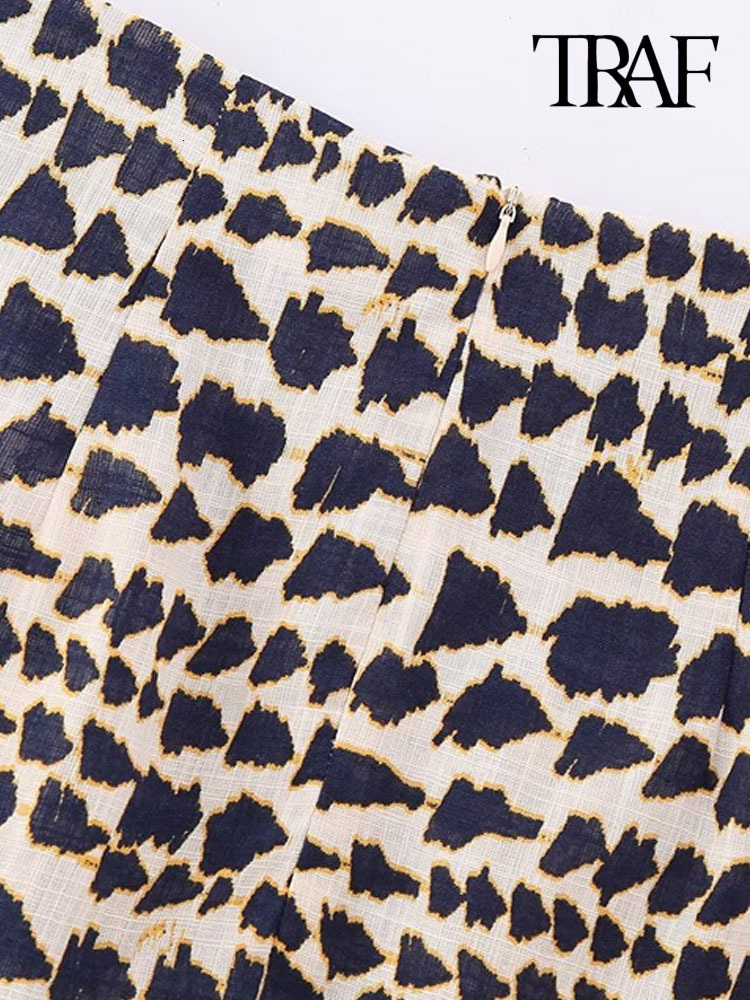 Skirts TRAF Women Fashion With Beaded Print Wrap Mini Skirt Vintage High Waist Back Zipper Female Mujer 230508