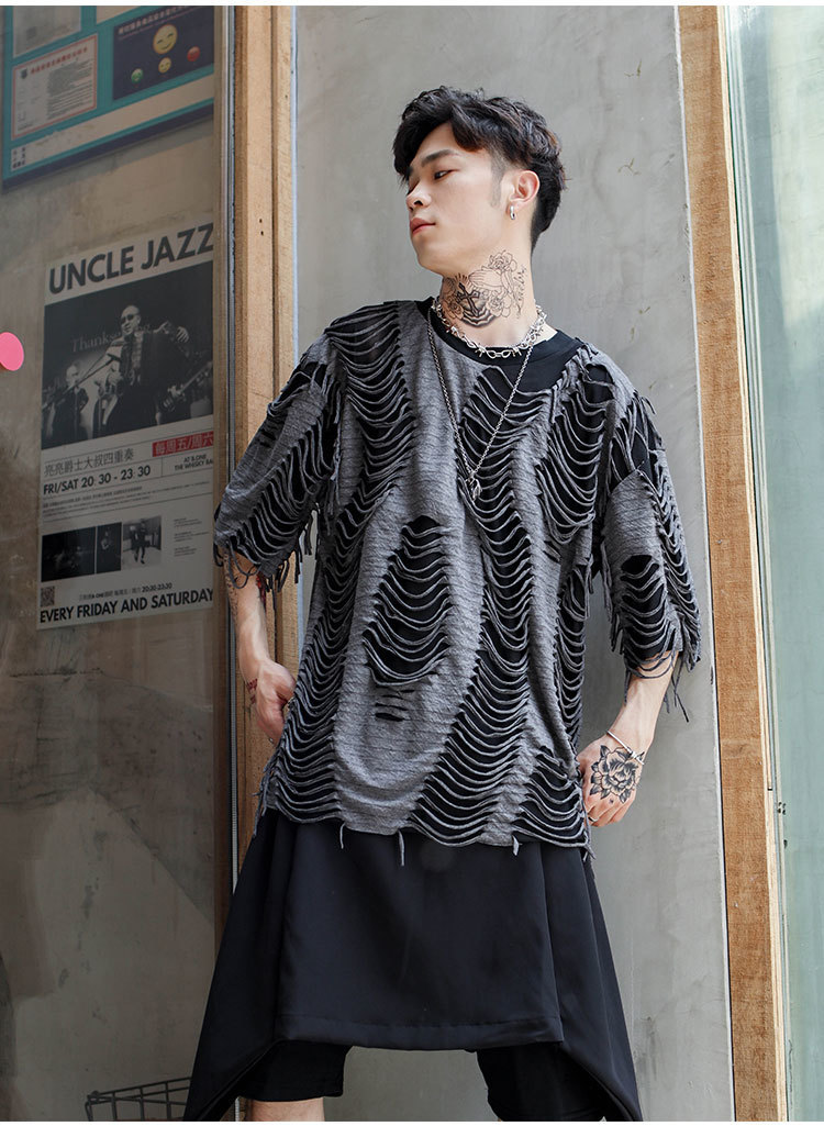 Men's T-Shirts Original guochaogao Street loose short sleeve t-shirt men's lazy men's wind cut mesh nightclub half sleeve large size su