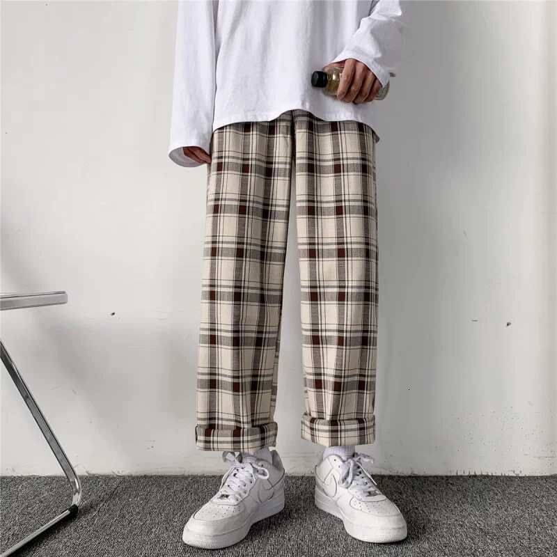 Men's Pants Men Pants Plaid Loose Comfortable Retro Casual All-match Elastic Waist Chic Wide Leg Trousers Fashion Streetwear Korean Style 230508