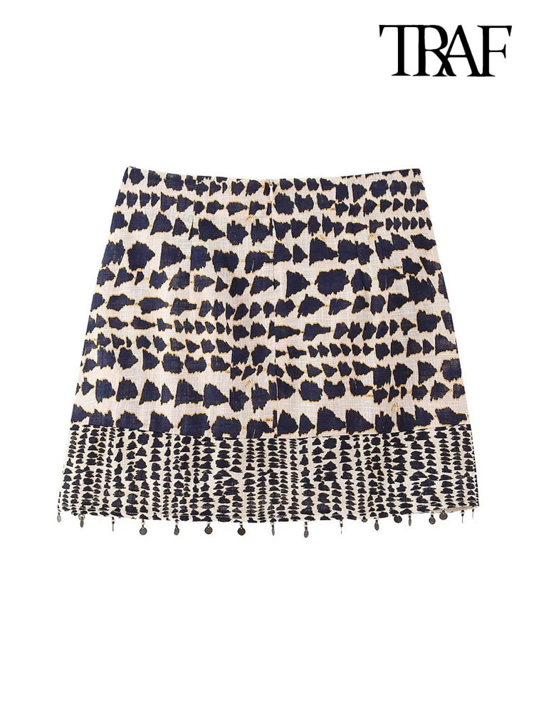 Skirts TRAF Women Fashion With Beaded Print Wrap Mini Skirt Vintage High Waist Back Zipper Female Mujer 230508