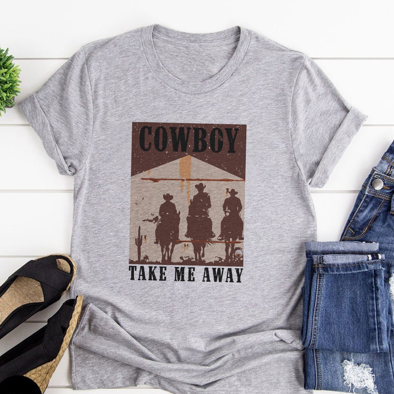Women's T-Shirt hahayule Cowboy Take Me Away Women's Western Vintage T-Shirt Summer Cowgirl Country Music Funny T Shirts Retro Boho Tops Tee