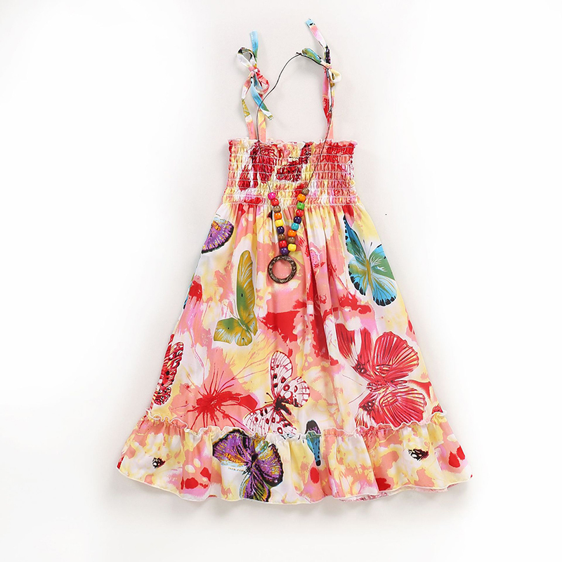 Girls Dresses Summer Girls Floral Dress Sling Ruffles Bohemian Beach Princess Dresses for Girl Clothing 2 6 8 12 Years With Necklace Gift 230506