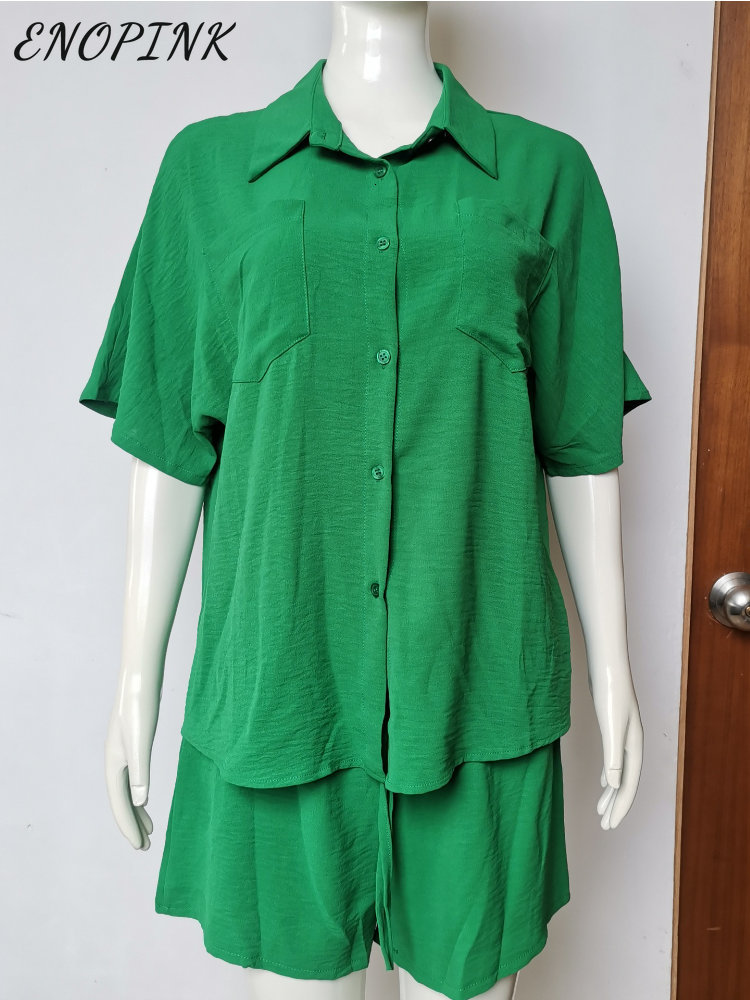 Women's Tracksuits Solid Shorts Set For Women 2023 Summer 2 Piece Outfit Casual Button Short Sleeve Shirt Fashion Elegant Suit 230506