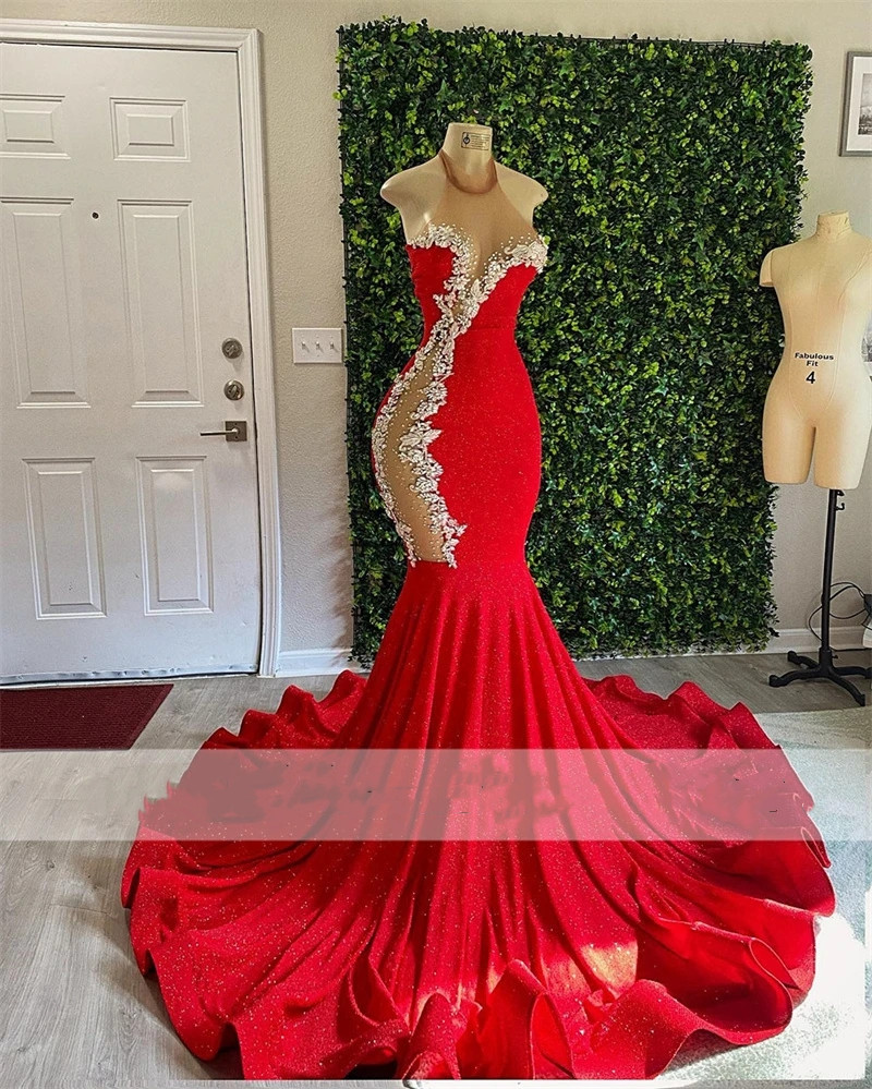 Long Sexy Red Mermaid Prom Dresses 2023 Halter Crystal Illusion Homecoming Birthday Party Evening Gowns Robe De Bal