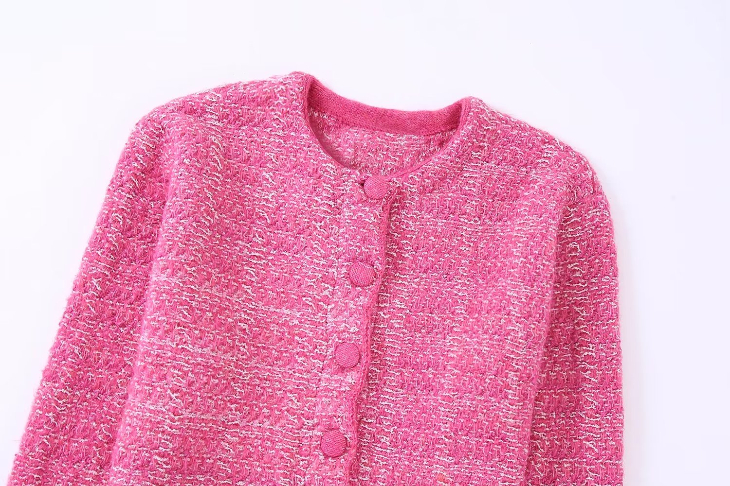 Womens rose pink color 2 pc dress suit single breasted short sweater and skirt twinset SML