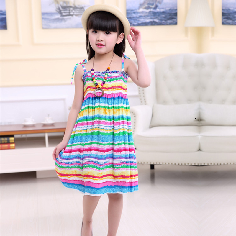 Girls Dresses Summer Girls Floral Dress Sling Ruffles Bohemian Beach Princess Dresses for Girl Clothing 2 6 8 12 Years With Necklace Gift 230506