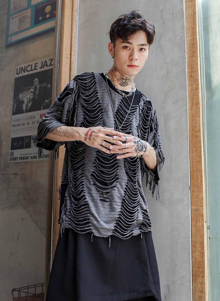 Men's T-Shirts Original guochaogao Street loose short sleeve t-shirt men's lazy men's wind cut mesh nightclub half sleeve large size su