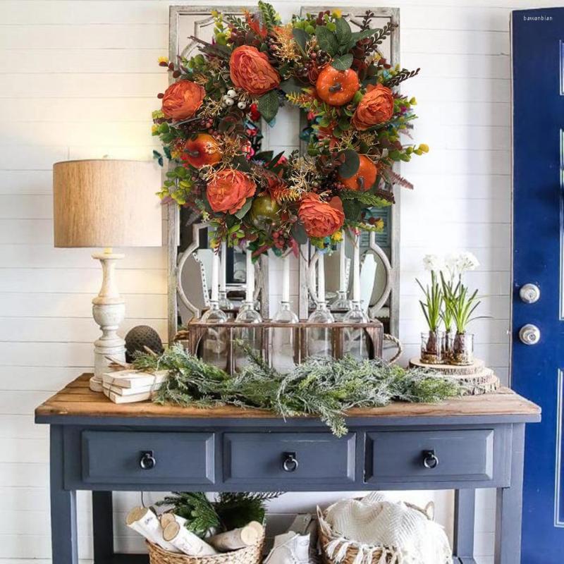 Decorative Flowers Autumn Door Wreath Christmas Halloween Thanksgiving Decoration Pumpkin Berry Pine Cone Maple Artificial Home Decor
