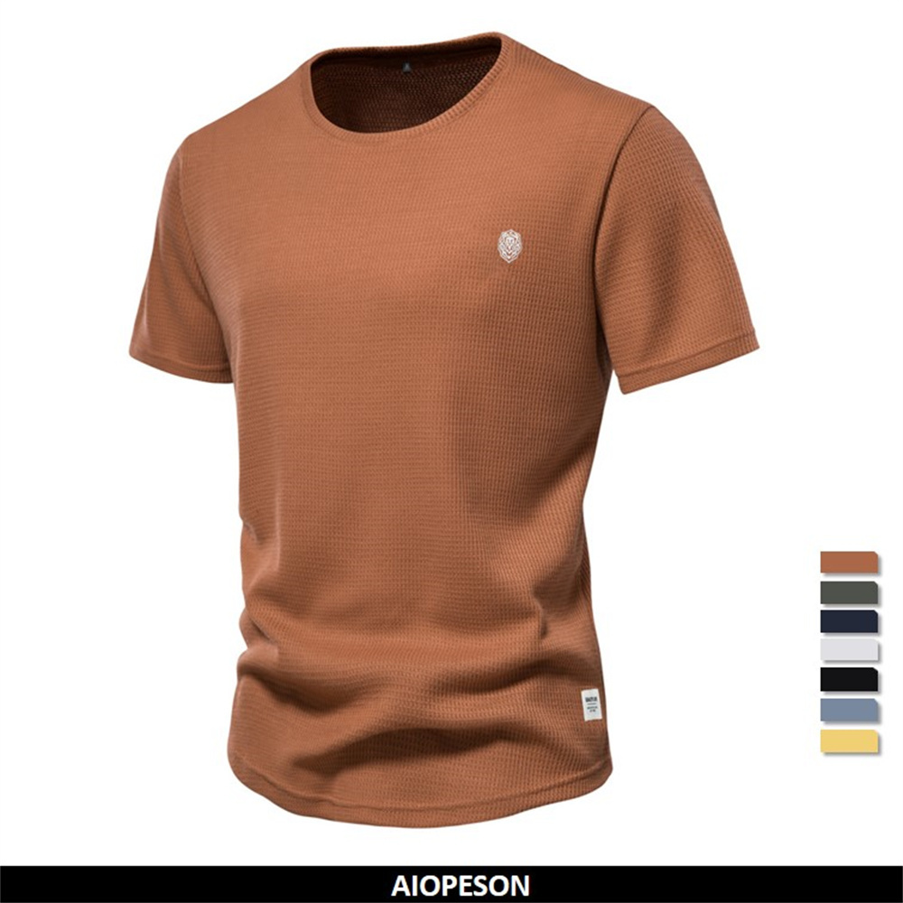 Men's T-Shirts AIOPESON Waffle Men's t-shirts Solid Color O-neck Short Sleeve Casual T-shirts for Men Summer Basic Breathable Tops Tee Men 2