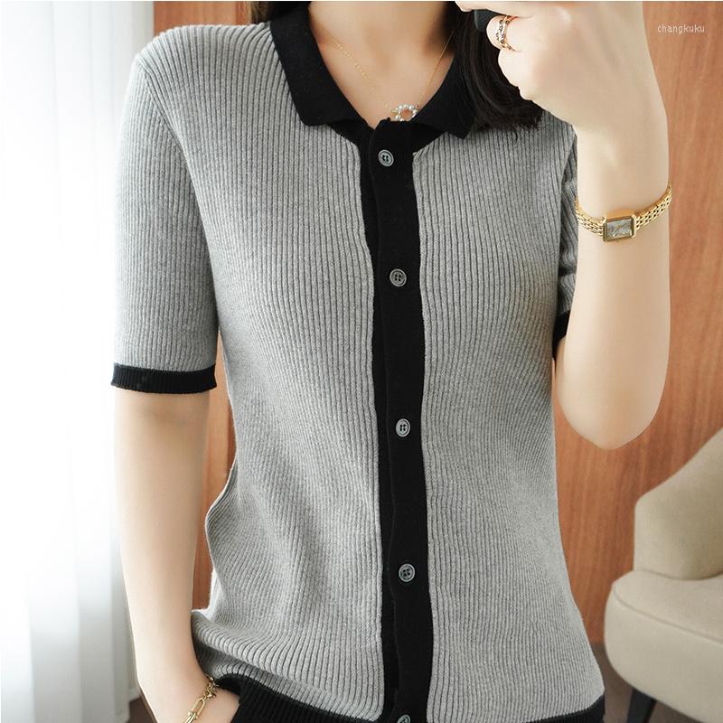 Women' T Shirts Summer Short-sleeved Women Polo Collar Tee Slim Cotton Color Contrast Cardigan Vest T-shirt Knitted Base Casual Sweater, Gray
Women' T Shirts Summer Short-sleeved Women Polo Collar Tee Slim Cotton Color Contrast Cardigan Vest T-shirt Knitted Base Casual Sweater, Gray
