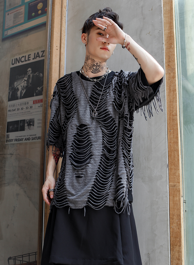 Men's T-Shirts Original guochaogao Street loose short sleeve t-shirt men's lazy men's wind cut mesh nightclub half sleeve large size su