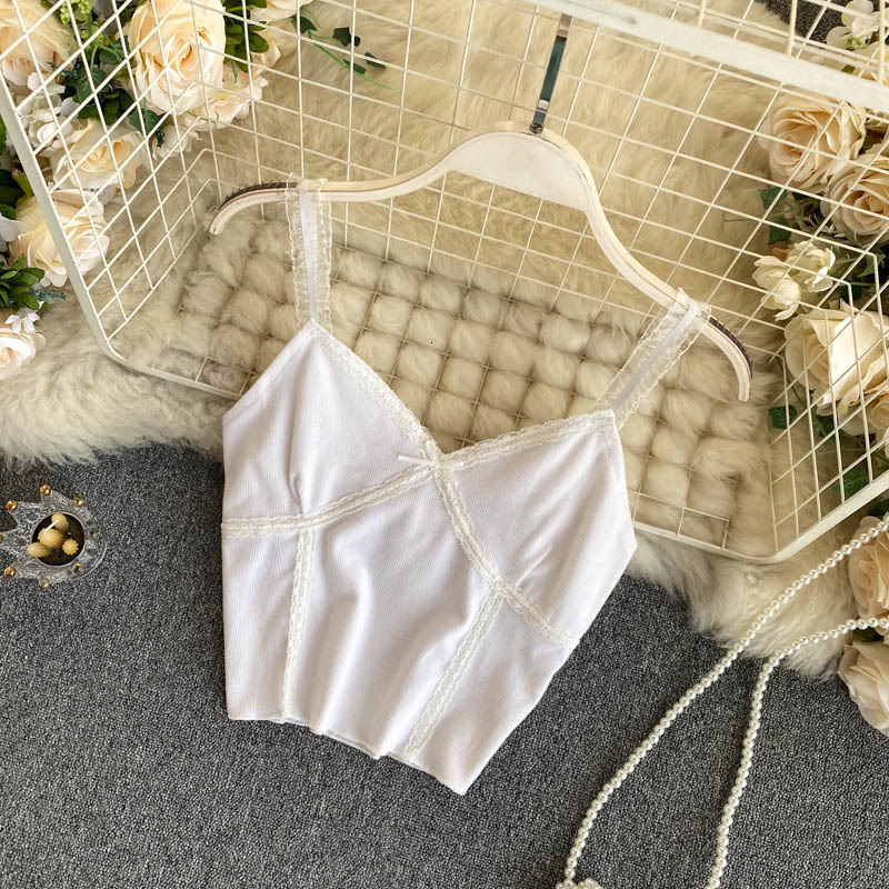 Camisoles Tanks HELIAR Women Lace Up Crop Tops VNeck Knitted Camis Short Slim Underwear Straps for WOmen Summer 230508