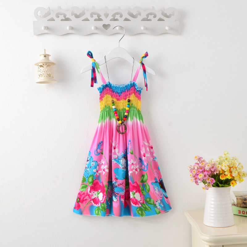 Girls Dresses Summer Girls Floral Dress Sling Ruffles Bohemian Beach Princess Dresses for Girl Clothing 2 6 8 12 Years With Necklace Gift 230506