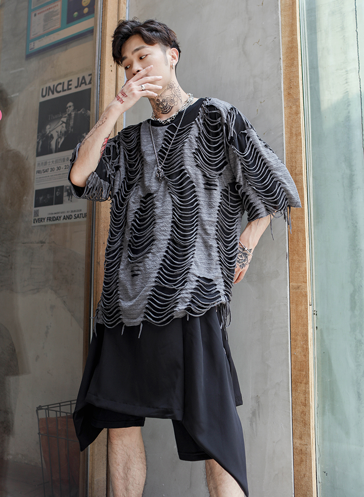 Men's T-Shirts Original guochaogao Street loose short sleeve t-shirt men's lazy men's wind cut mesh nightclub half sleeve large size su