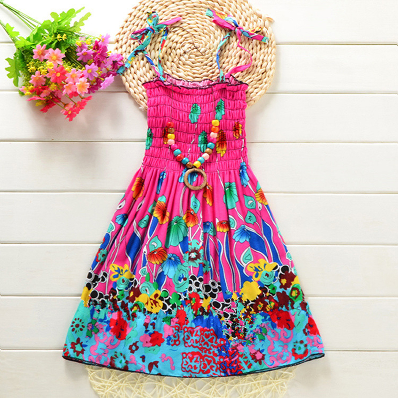 Girls Dresses Summer Girls Floral Dress Sling Ruffles Bohemian Beach Princess Dresses for Girl Clothing 2 6 8 12 Years With Necklace Gift 230506