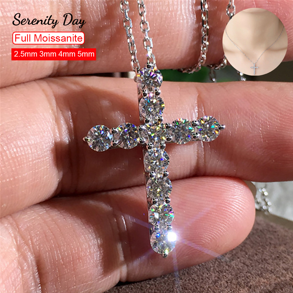 Pendant Necklaces Serenity Day 3.0mm 4mm Necklace 925 Sterling Silver Cross Pendants Necklace for Women Engagement Bridal Fine Jewelry 230506