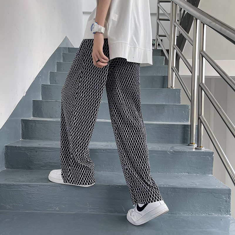 Men's Pants S-5XL Pleated Pants Men Fashion Casual Plaid Pants Men Streetwear Korean Loose Straight Ice Silk Pants Mens Plus Size Trousers 230508