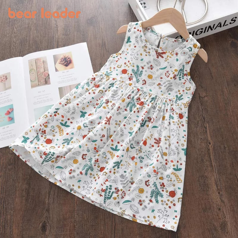 Girls Dresses Bear Leader Summer Girls Dress Casual Princess Dresses Sleeveless Print Flower Costumes Kids Vestidos Cotton Floral Dress 27Y 230506