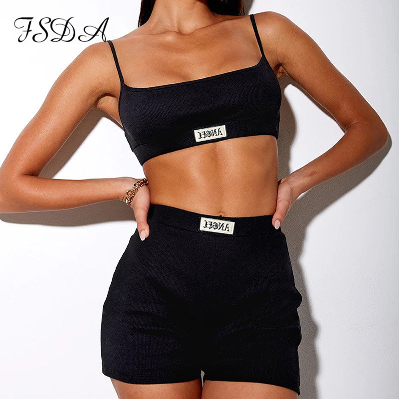 Women's Tracksuits FSDA Summer Ribber Women Set White Spaghetti Strap Crop Top And Mini Biker Shorts Embroidery Two Piece Sets Sexy Outfit Party 