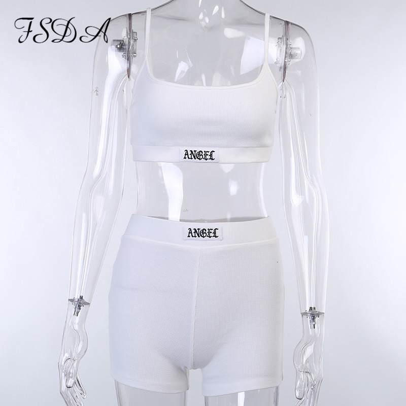 Women's Tracksuits FSDA Summer Ribber Women Set White Spaghetti Strap Crop Top And Mini Biker Shorts Embroidery Two Piece Sets Sexy Outfit Party 
