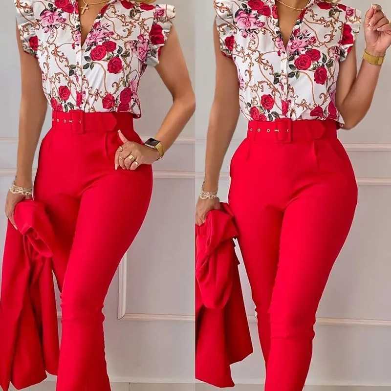 Womens Designer Clothing Tracksuit Workplace 2-piece Outfits 2023 New Fashion Printed Ruffle Sleeve Top Solid Pants Set With Belt, Army green8
Womens Designer Clothing Tracksuit Workplace 2-piece Outfits 2023 New Fashion Printed Ruffle Sleeve Top Solid Pants Set With Belt, Army green8