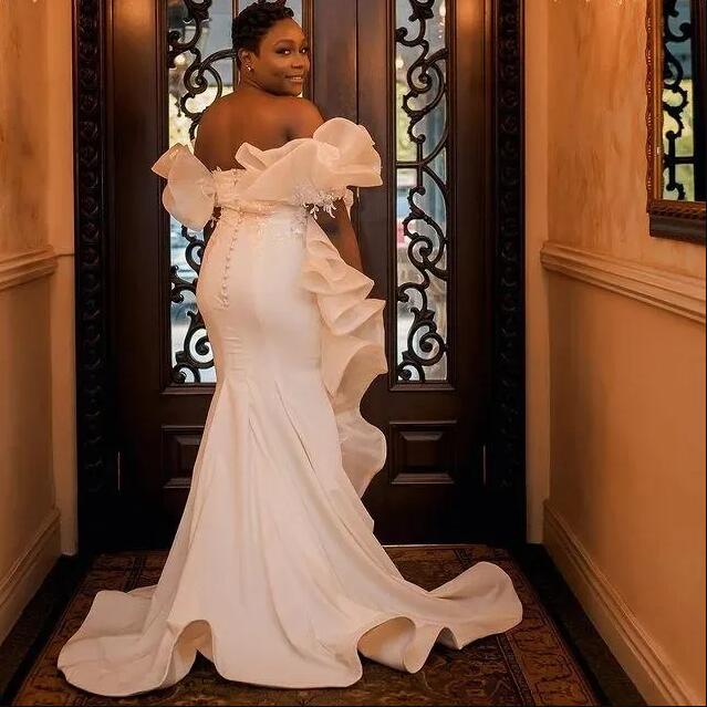 Modern Mermaid Wedding Dresses Arabic Off Shoulder Plus Size aso ebi Bridal Gowns Beaded Ruffles Vestido De Novia