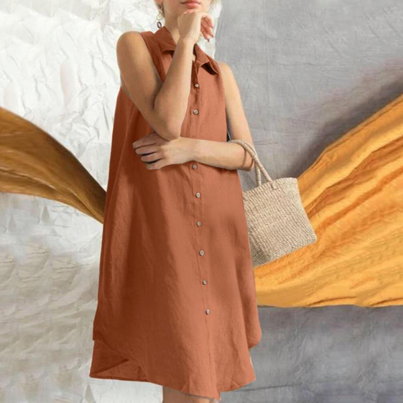 Casual Dresses Womens Loose Sleeveless Large Size Cotton Linen Mini Dress Summer Turn Down Neck Solid Color Holiday Beach Shirt Robe