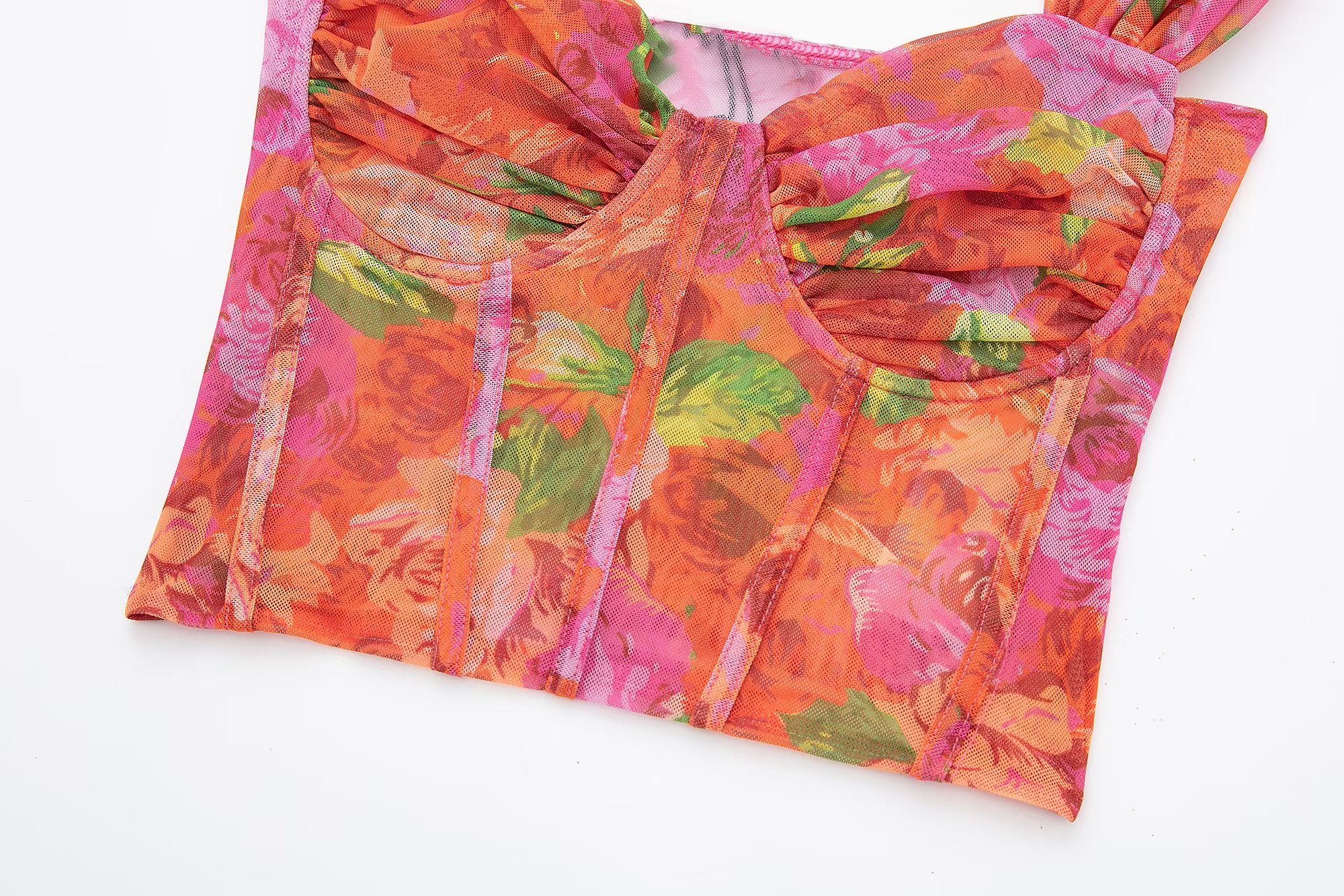 Womens holiday print flowers tanks gauze fabric stretchy sexy spaghetti strap bustier short high waist camis SML