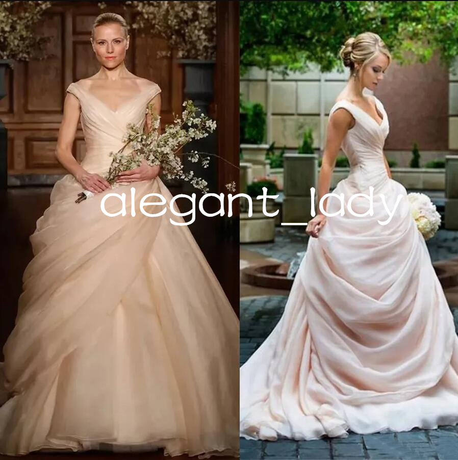Champange Pink Princess Wedding Dresses Long V Neck Side Draped Princess lace-up corset Bride Bridal Gowns Vestido De Novia