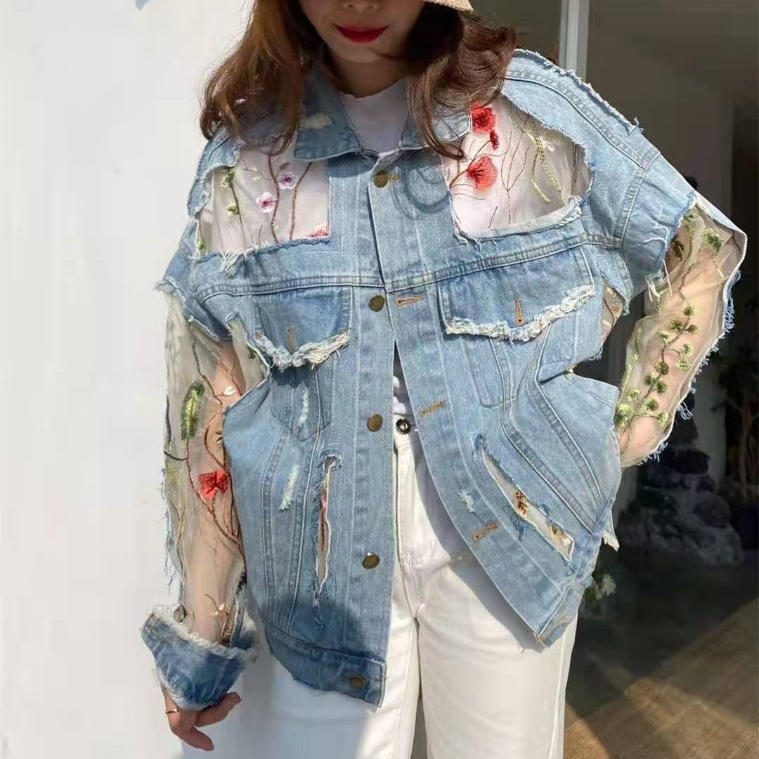 Women's Jackets Chaquetas Mujer Summer Streetwear Embroidery Lace Patchwork Sexy Denim Jacket Women Frayed Tassel Loose Korea Blue Jean Coat 3XL 