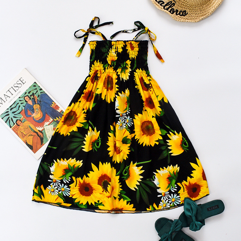 Girls Dresses Summer Girls Floral Dress Sling Ruffles Bohemian Beach Princess Dresses for Girl Clothing 2 6 8 12 Years With Necklace Gift 230506
