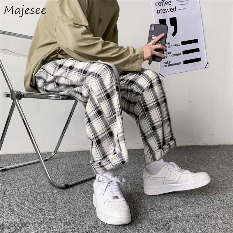 Men's Pants Men Pants Plaid Loose Comfortable Retro Casual All-match Elastic Waist Chic Wide Leg Trousers Fashion Streetwear Korean Style 230508