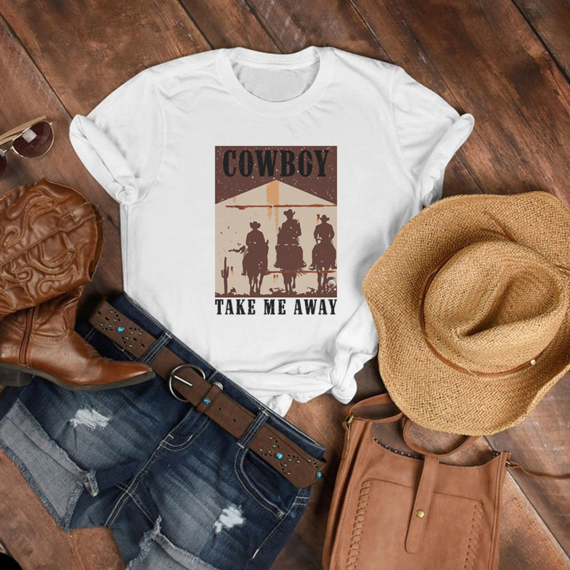 Women's T-Shirt hahayule Cowboy Take Me Away Women's Western Vintage T-Shirt Summer Cowgirl Country Music Funny T Shirts Retro Boho Tops Tee