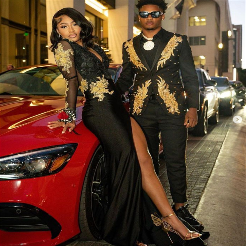 Maxi Black With Gold Lace Prom Dress For Black Girls Sexy V Neck Split Mermaid Long Sleeve Evening Dresses 2023 Graduation Dress vestidos de noche rob