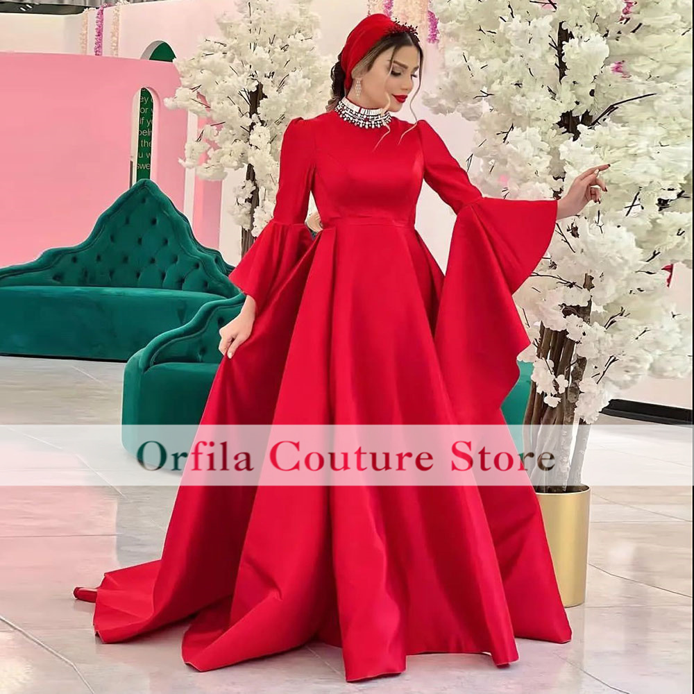 Dubai Muslim Evening Dress 2023 Long Sleeves Satin Arabic Prom Party Gowns Exquisite Robe De Soiree