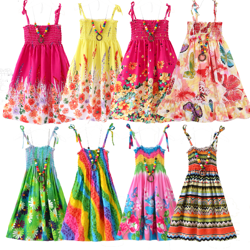 Girls Dresses Summer Girls Floral Dress Sling Ruffles Bohemian Beach Princess Dresses for Girl Clothing 2 6 8 12 Years With Necklace Gift 230506