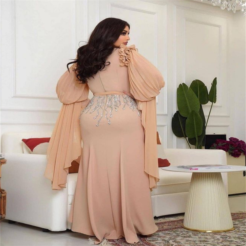 Champagne Mermaid Prom Dress Plus Size 2023 Long Sleeve Arabic Evening Dress Chiffon Applique With Sash Turkey Formal Occasion robe de soiree Dubai Pa