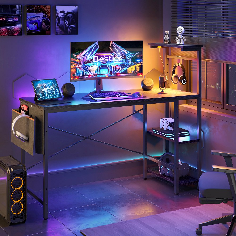 52 inch Gaming Computer Desk with LED Lights Shelves Black
52 inch Gaming Computer Desk with LED Lights Shelves Black