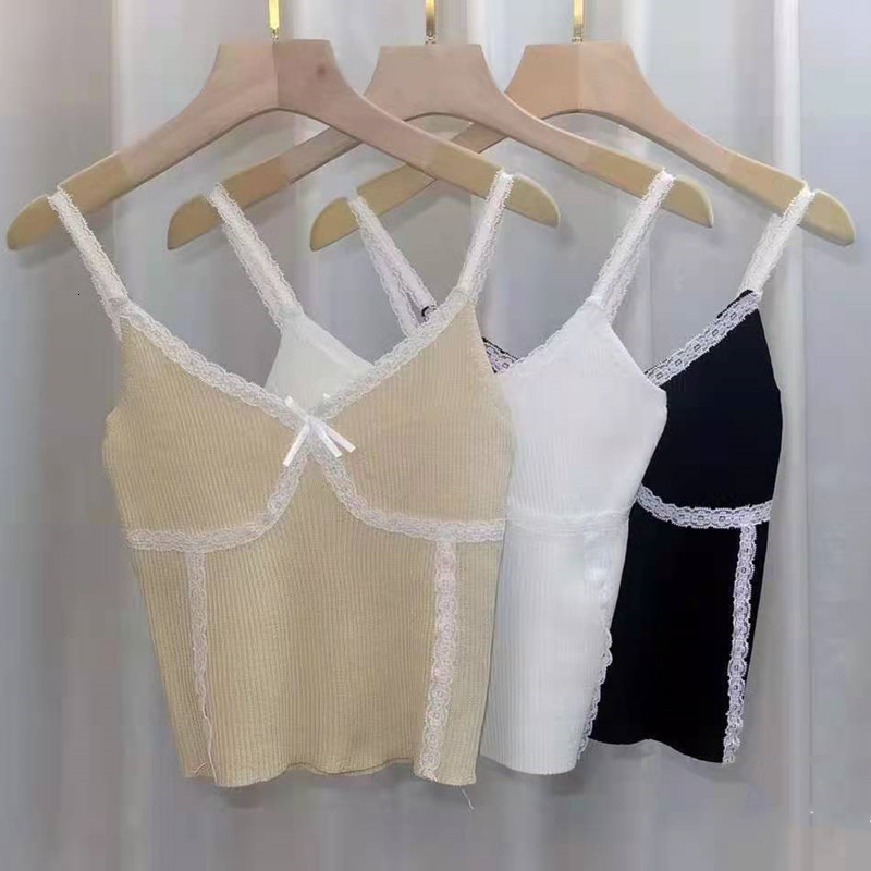 Camisoles Tanks HELIAR Women Lace Up Crop Tops VNeck Knitted Camis Short Slim Underwear Straps for WOmen Summer 230508