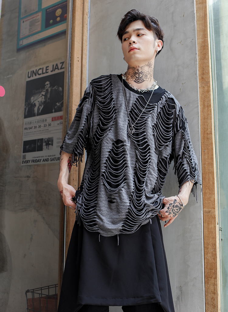 Men's T-Shirts Original guochaogao Street loose short sleeve t-shirt men's lazy men's wind cut mesh nightclub half sleeve large size su