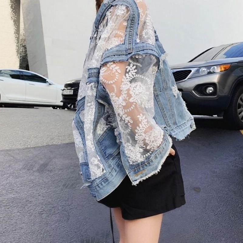 Women's Jackets Chaquetas Mujer Summer Streetwear Embroidery Lace Patchwork Sexy Denim Jacket Women Frayed Tassel Loose Korea Blue Jean Coat 3XL 