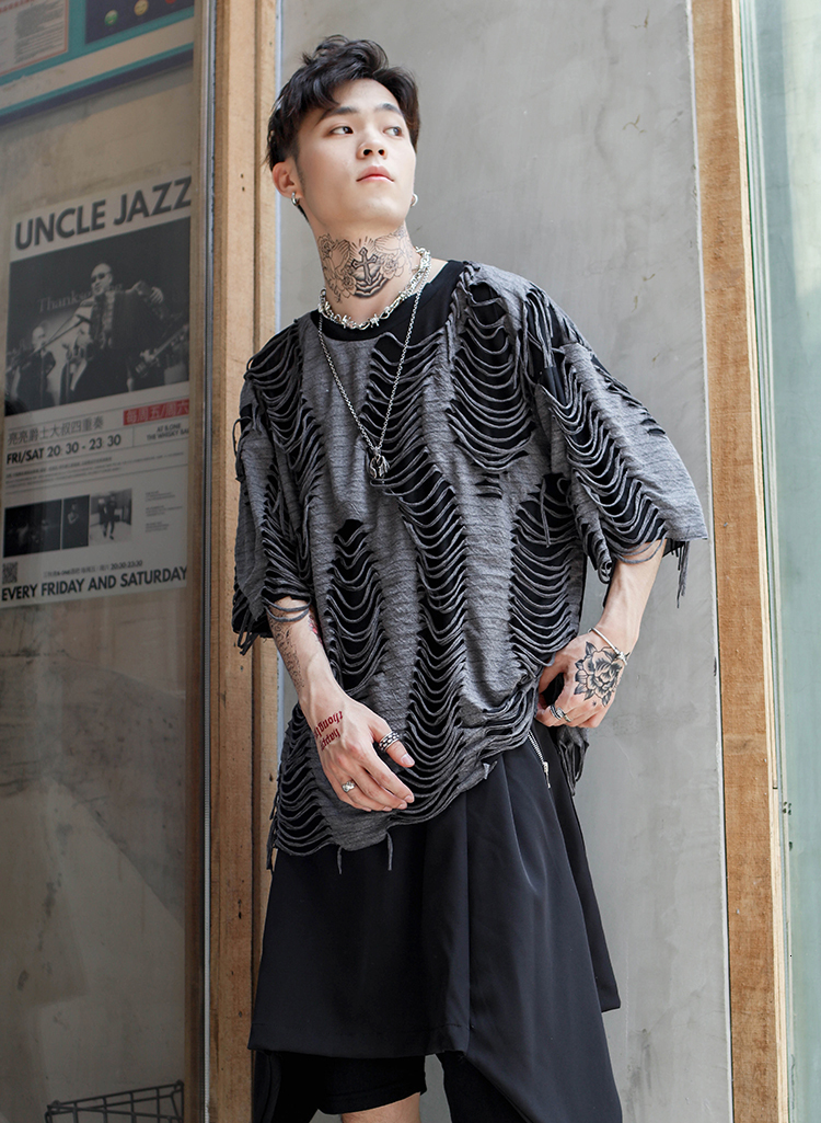 Men's T-Shirts Original guochaogao Street loose short sleeve t-shirt men's lazy men's wind cut mesh nightclub half sleeve large size su