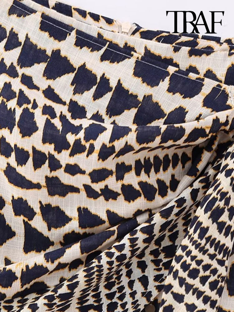 Skirts TRAF Women Fashion With Beaded Print Wrap Mini Skirt Vintage High Waist Back Zipper Female Mujer 230508