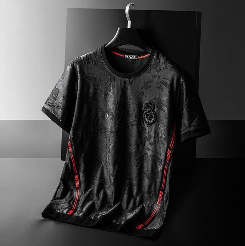Designer Jacquard T-shirt Men's Summer Large Light Luxury Simple European Red Ribbon Casual Round Neck Short Sleeve Men's Top