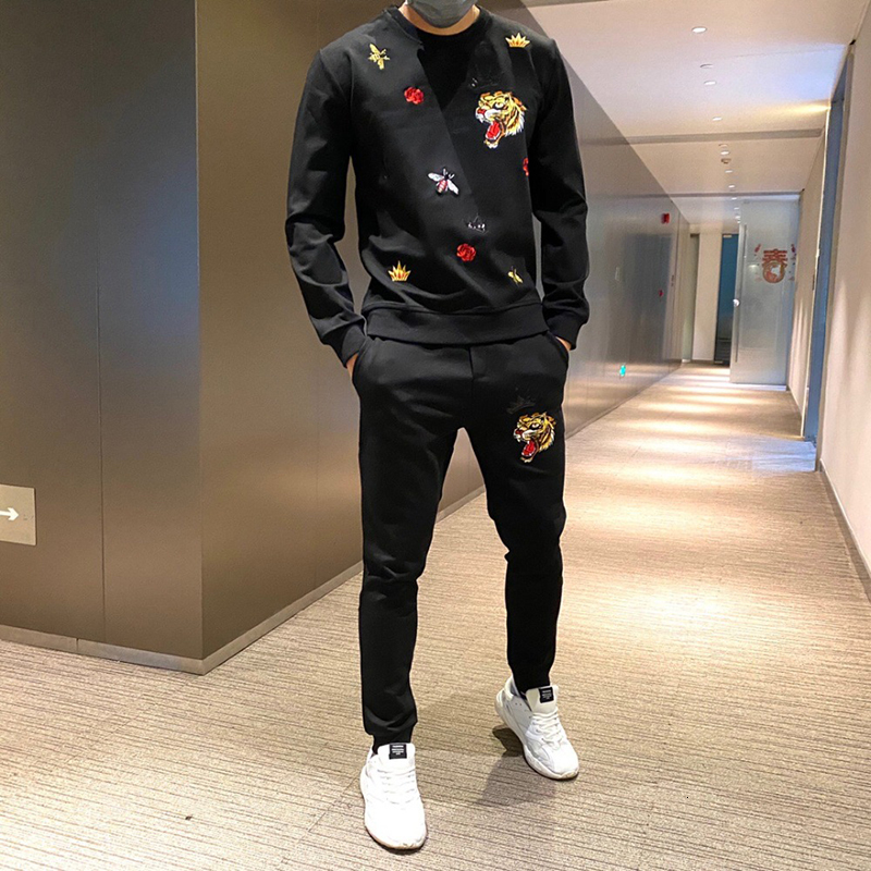 Men's Tracksuits Heavy Craft Embroidery Men's 100% Cotton Tracksuit Hoodie Fashion Casual Pants Street Casual High QualitySuit 230508