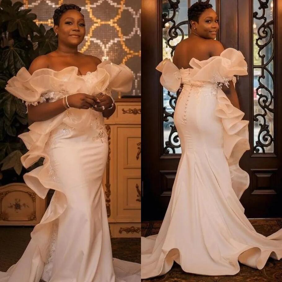 Modern Mermaid Wedding Dresses Arabic Off Shoulder Plus Size aso ebi Bridal Gowns Beaded Ruffles Vestido De Novia