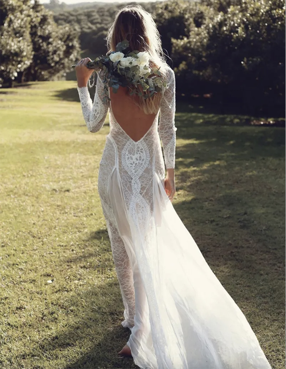 New Exquisite Lace Wedding Dress Boho Chic Long Sleeve Backless Bridal Gowns Summer robe de mariage 0509