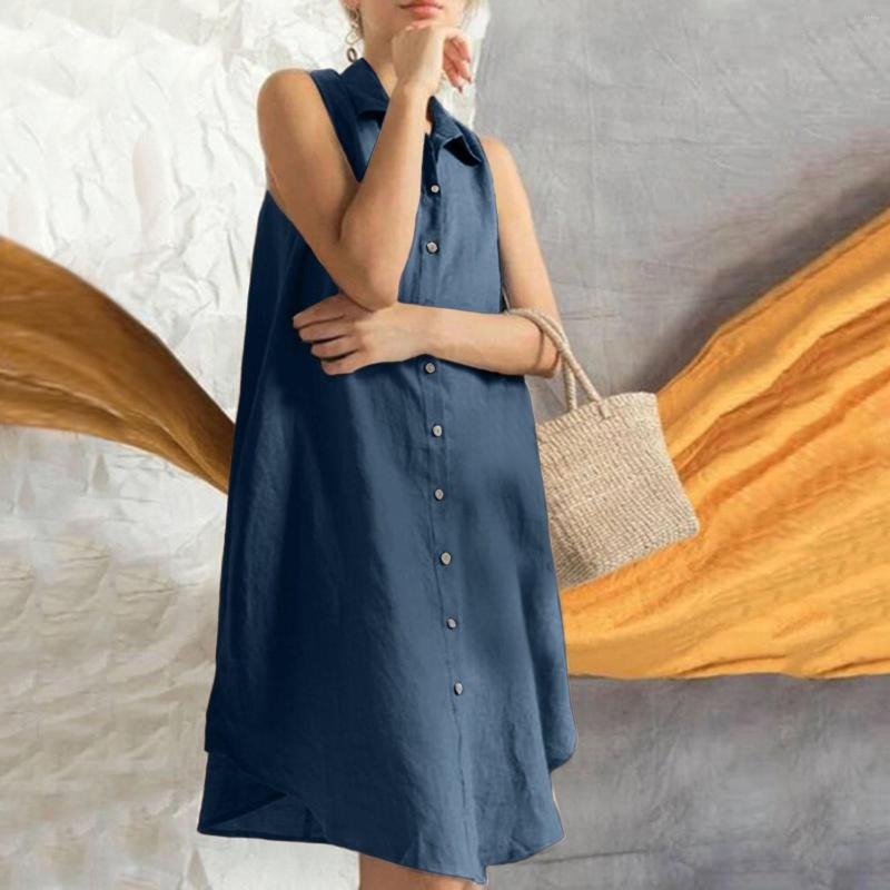 Casual Dresses Womens Loose Sleeveless Large Size Cotton Linen Mini Dress Summer Turn Down Neck Solid Color Holiday Beach Shirt Robe