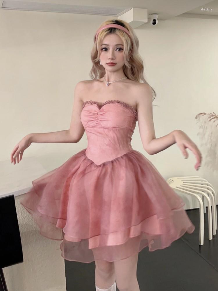 Casual Dresses 2023 Summer Women Mesh Patchwork Strapless Party Y2k Dress Femme Off Shoulder Mini Birthday Sweet Pink One Piece 
Casual Dresses 2023 Summer Women Mesh Patchwork Strapless Party Y2k Dress Femme Off Shoulder Mini Birthday Sweet Pink One Piece