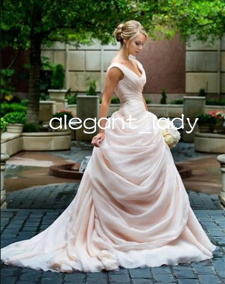 Champange Pink Princess Wedding Dresses Long V Neck Side Draped Princess lace-up corset Bride Bridal Gowns Vestido De Novia